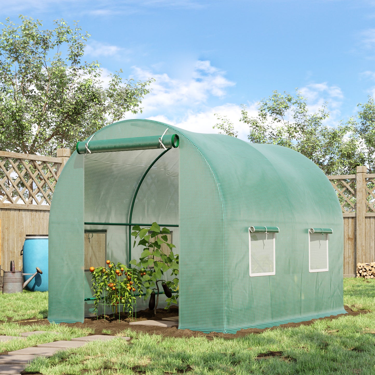 Outsunny Polytunnel Greenhouse Reinforced Walk in, Steel Frame, PE, 4 Mesh Windows 2.5x2 m 