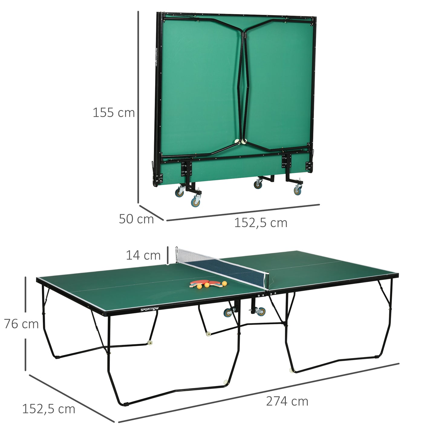 SPORTNOW 9FT Foldable Ping Pong Table, Tennis Table, with 8 Wheels, for Indoor and Outdoor Use - Green