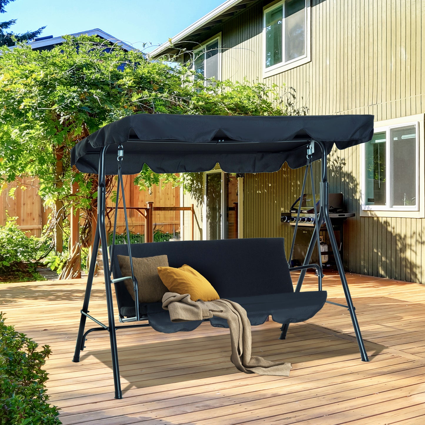 Outsunny Hammock Swing Chair, 3-Seater, Adjustable-Black 