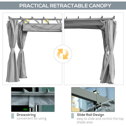 3.6 x 3m Outdoor Pergola Gazebo Retractable Canopy Garden Shelter Sun Shade Party with Curtains, Aluminum, Dark Grey