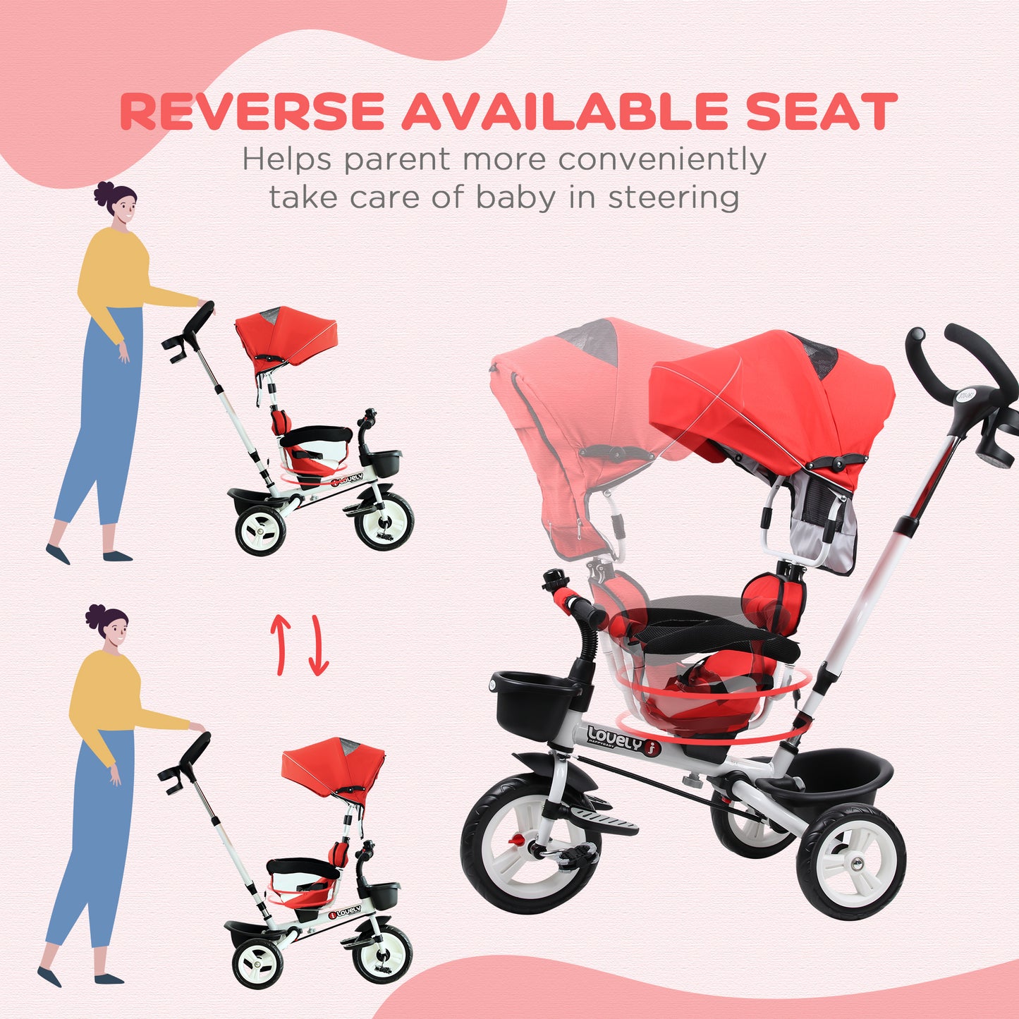 4-in-1 Baby Tricycle Stroller Kids Folding Trike Detachable Canopy Pushing Handle Learning Bike Ride On Red w/ 2 Colors