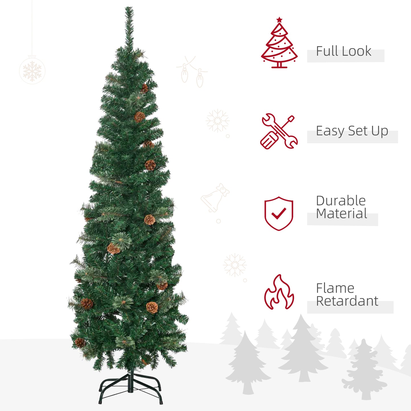 5.5ft Narrow Christmas Tree, Tall Pencil Slim with Realistic Branches, 412 Tip Count and 21 Pine Cones, Pine Needles Tree