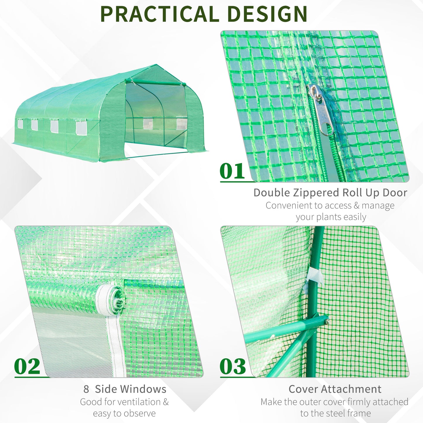 6Lx3Wx2Hm Garden Walk-in Polytunnel Greenhouse W/Door and 8 Windows-Green