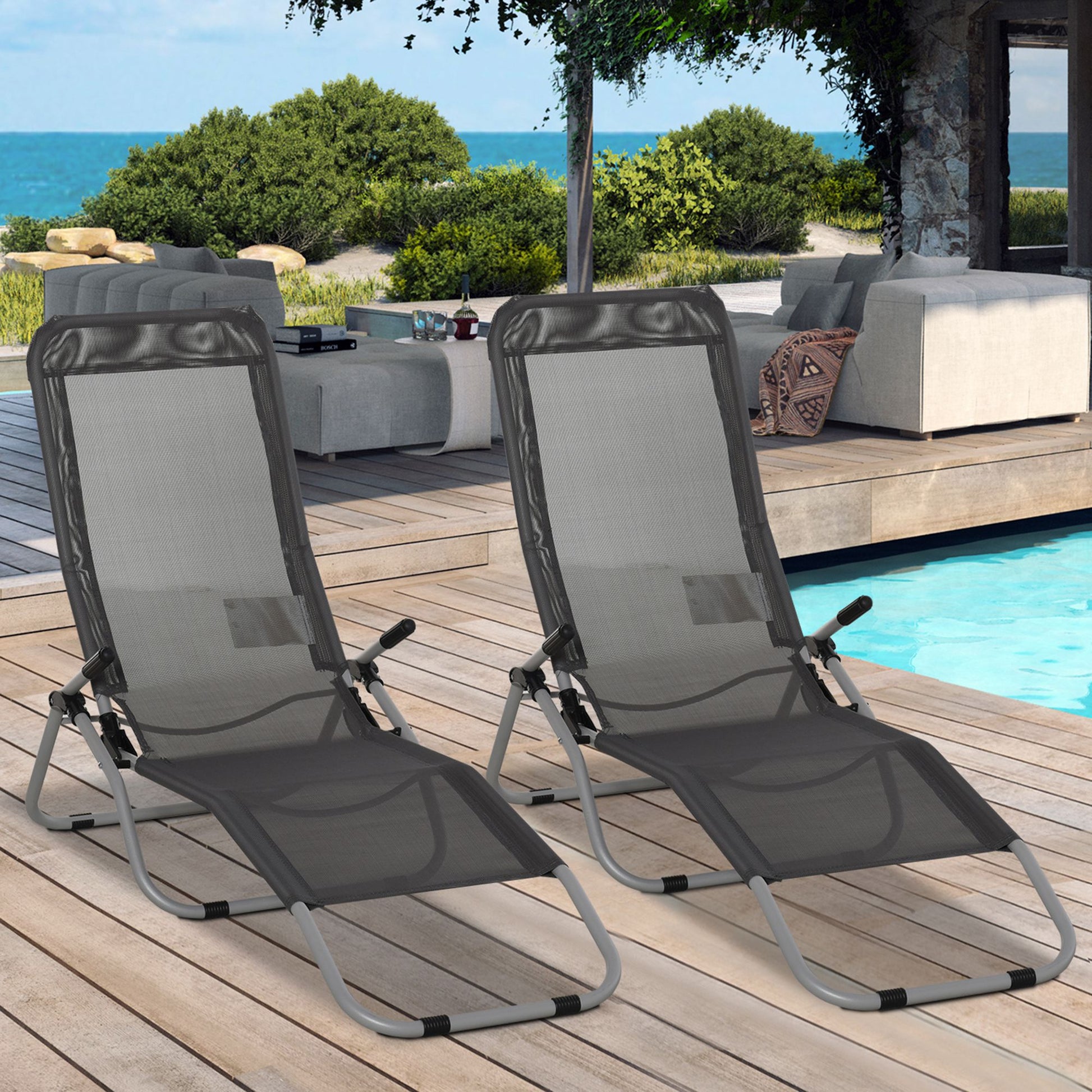 Outsunny Set of 2 Outdoor Patio Chaise Recliner Portable Lounge Chairs w/ Rust-Resistant Steel Frame & Adjustable Backrest, Grey 