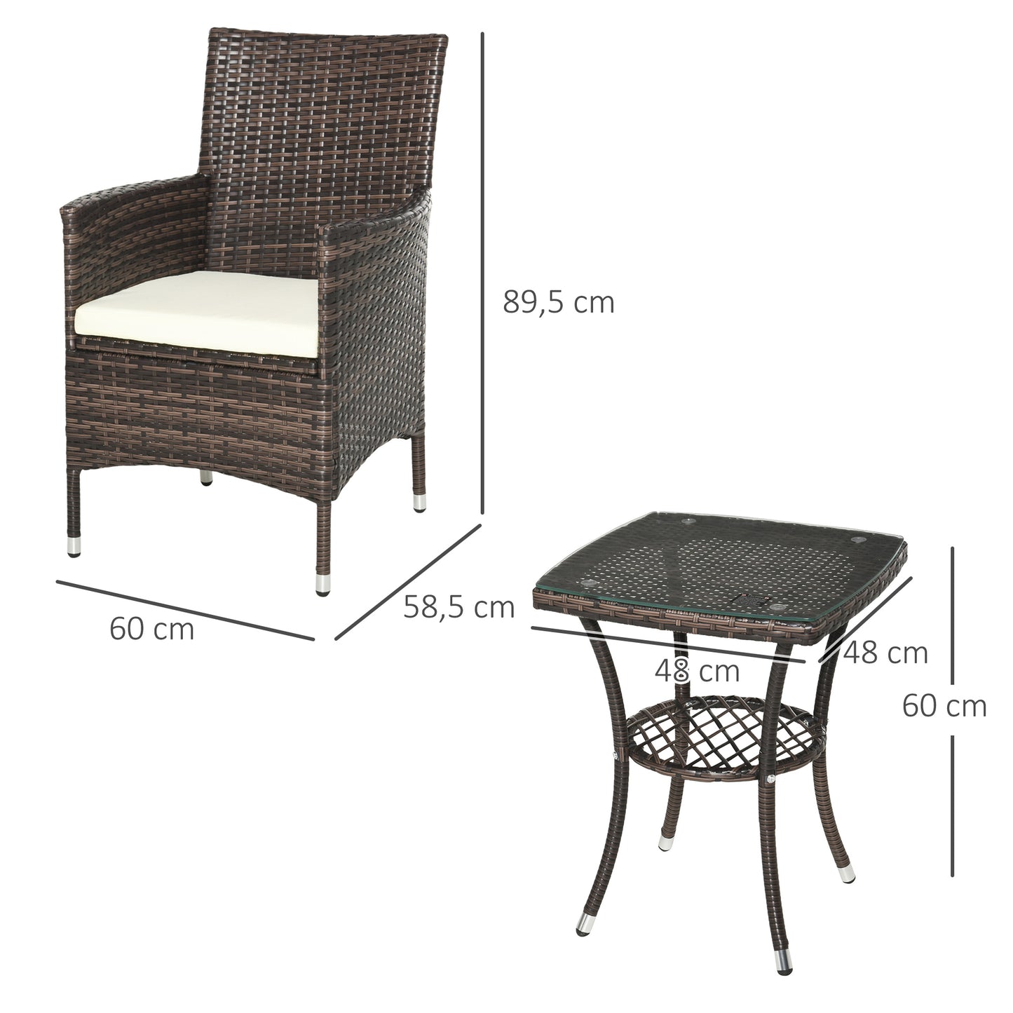 3 Pcs Rattan Bistro Set: 1 x Table, 2 x Chairs-Brown