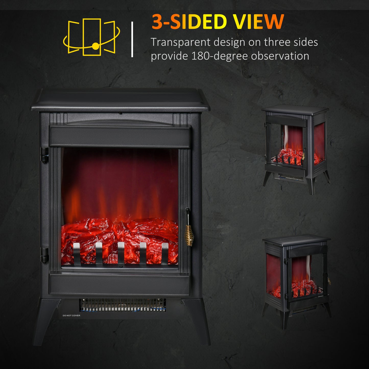 Electric Stove Fire, Electric Freestanding Fireplace, 3 Sided, with LED Flame Effect, Tempered Glass, Overheat Protection