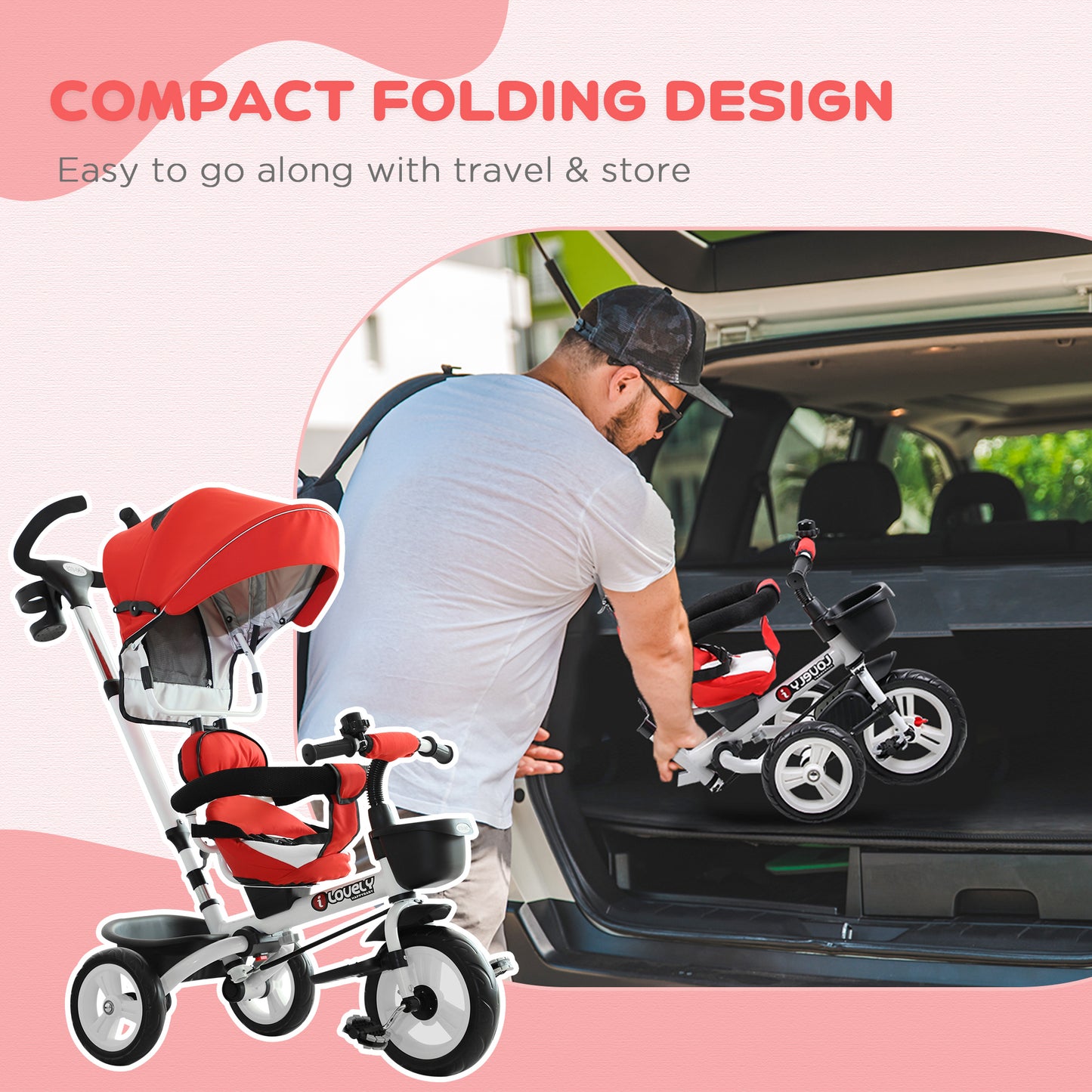 4-in-1 Baby Tricycle Stroller Kids Folding Trike Detachable Canopy Pushing Handle Learning Bike Ride On Red w/ 2 Colors