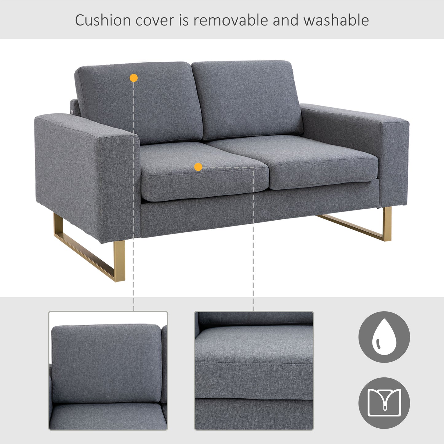 2 Seater Sofas for Living Room, Fabric Couch, Love Seat with Cushions and Steel Legs, Grey