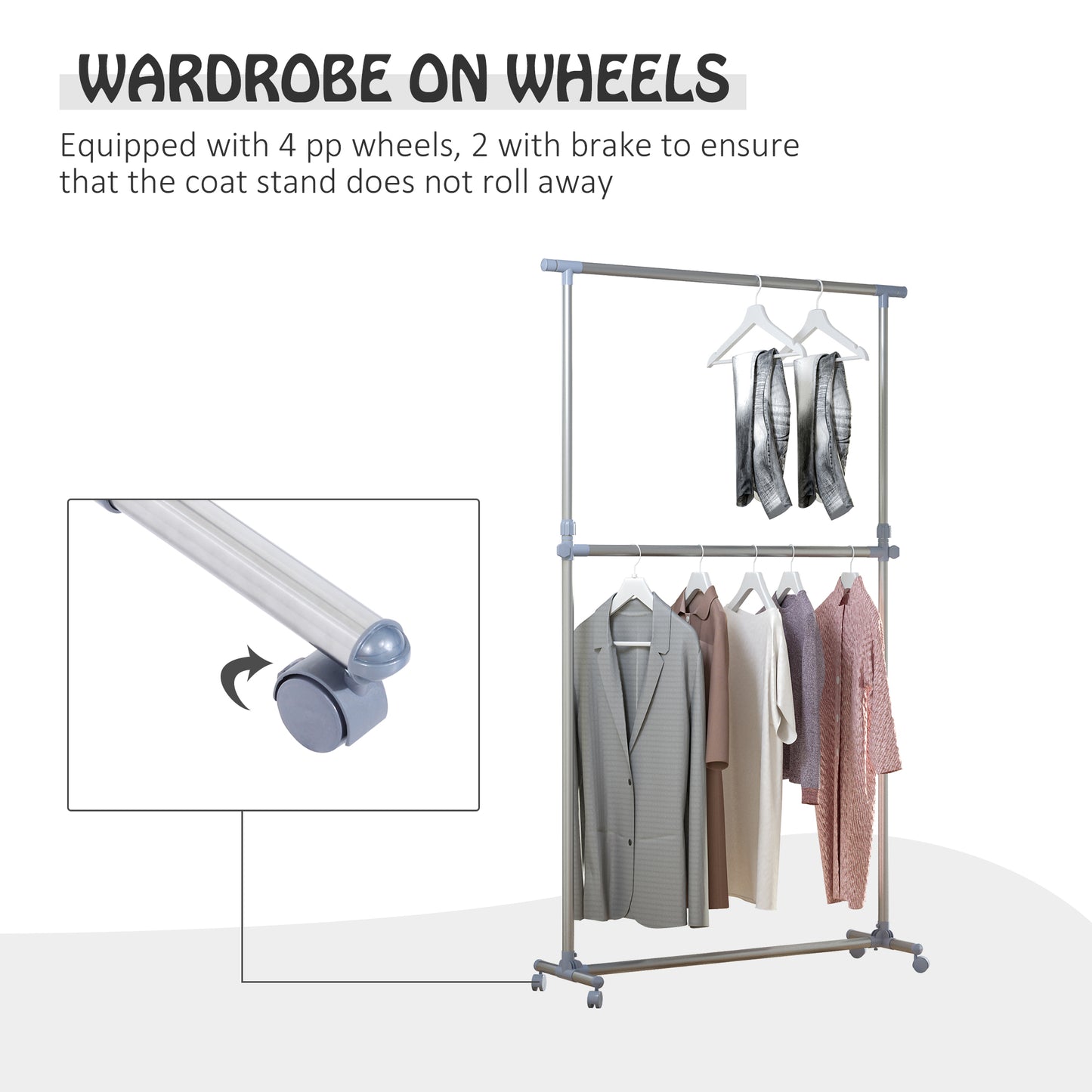 Heavy Duty Clothes Rail Hanging Rack w/ Wheels-Silver/Grey