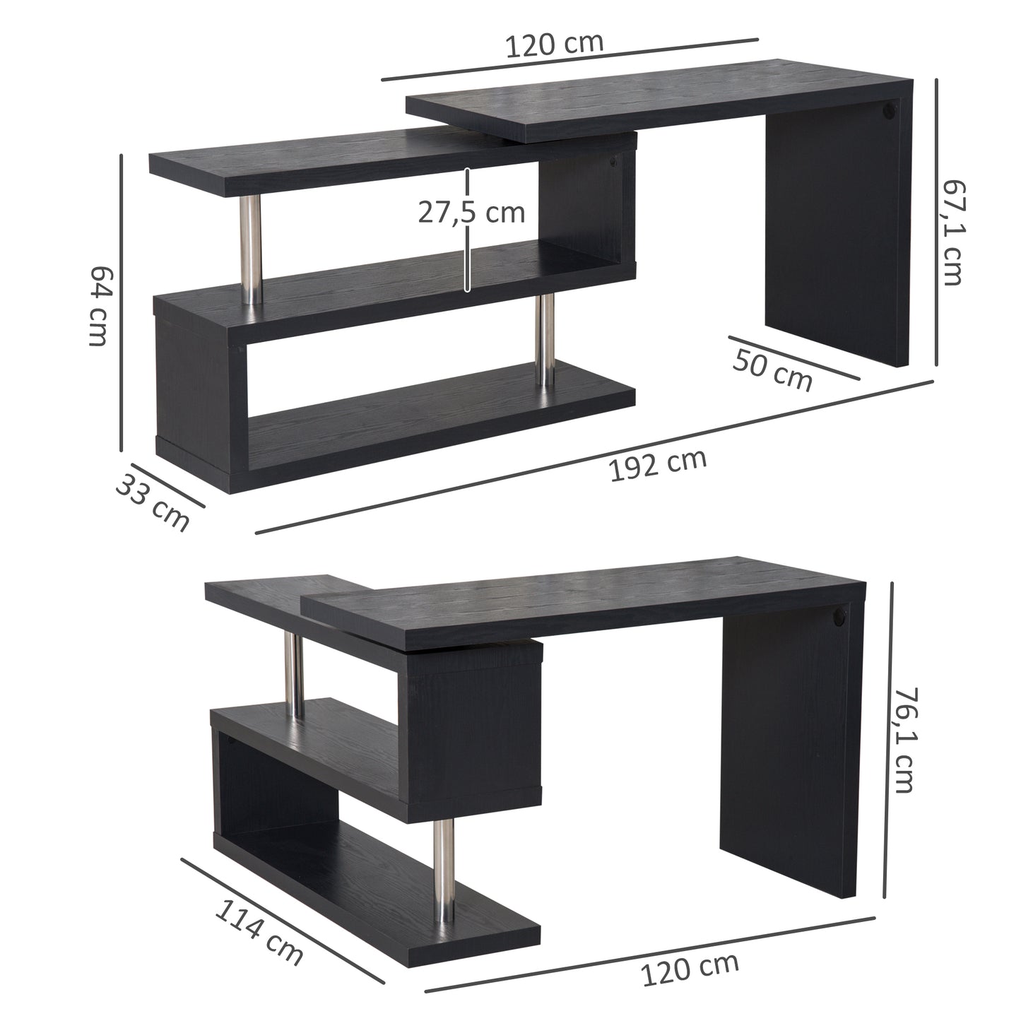 Black Corner Desk, 360° Rotating Home Office Writing Table Swivel Workstation with Storage Shelf