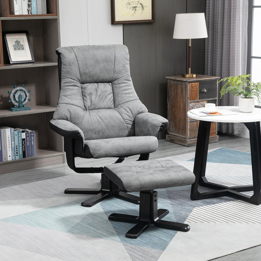 HOMCOM Grey Recliner Chairs, with Footstool, 360° Swivel Sofa Armchair Cushion Padded Seat Armrest Faux Leather 