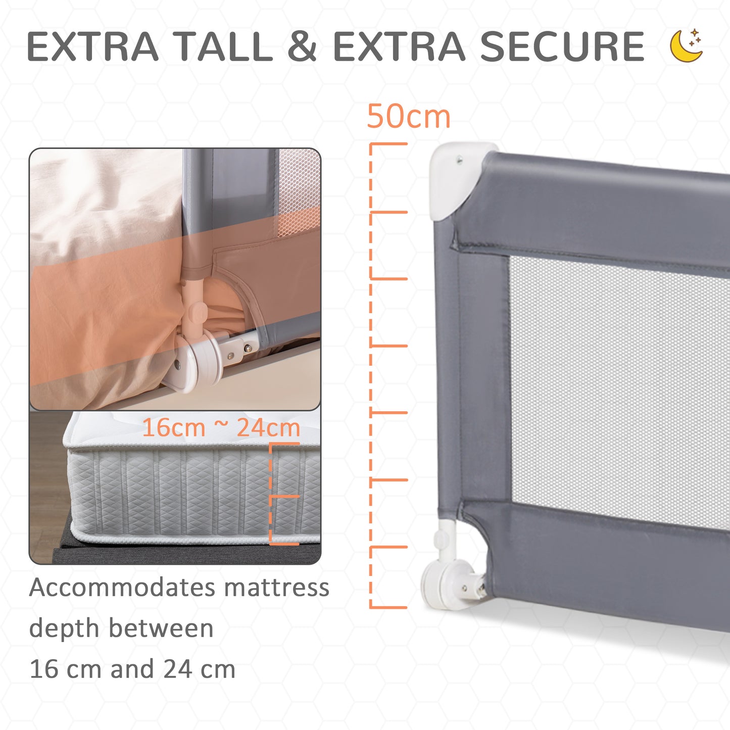 Toddler Bed Rail Foldable Safety Barrier Fold Down Bed Guard for Flat & Slat Bed, 150 x 50cm, Grey