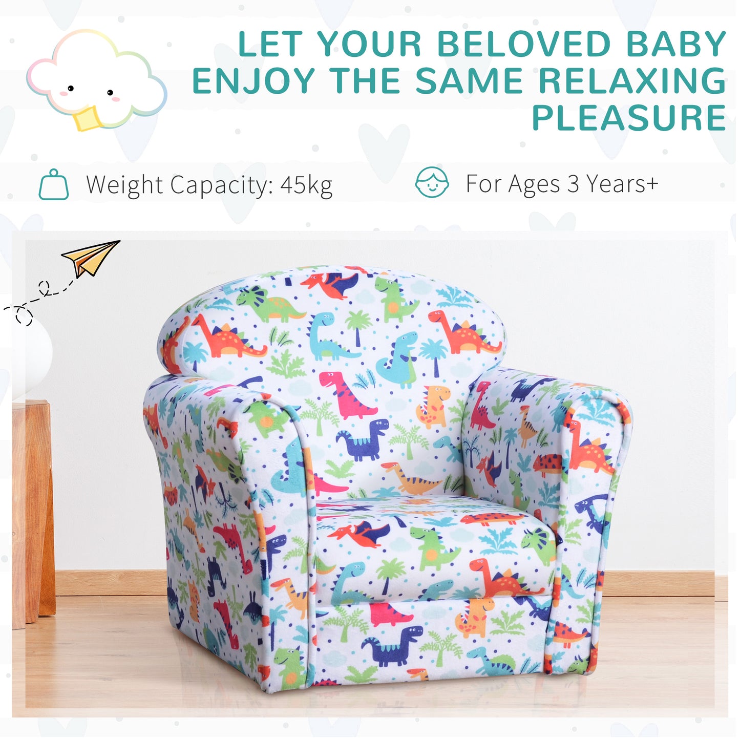 Toddler Couch, Flannel Cartoon Dinosaur Pattern Children Armchair Sofa For Toddlers