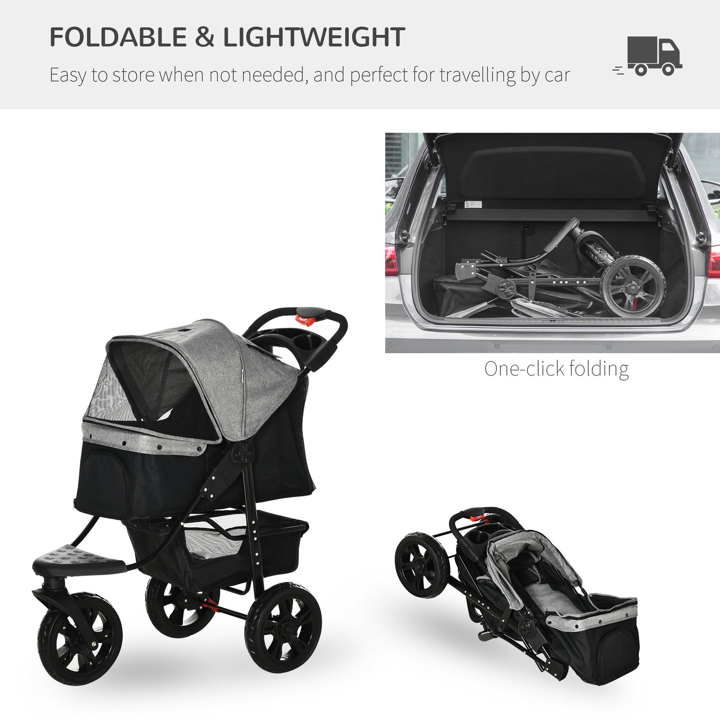 Folding Pet Stroller 3 Wheel Dog Jogger Travel Carrier Adjustable Canopy Storage Brake Mesh Window for Small Medium Dog Cat