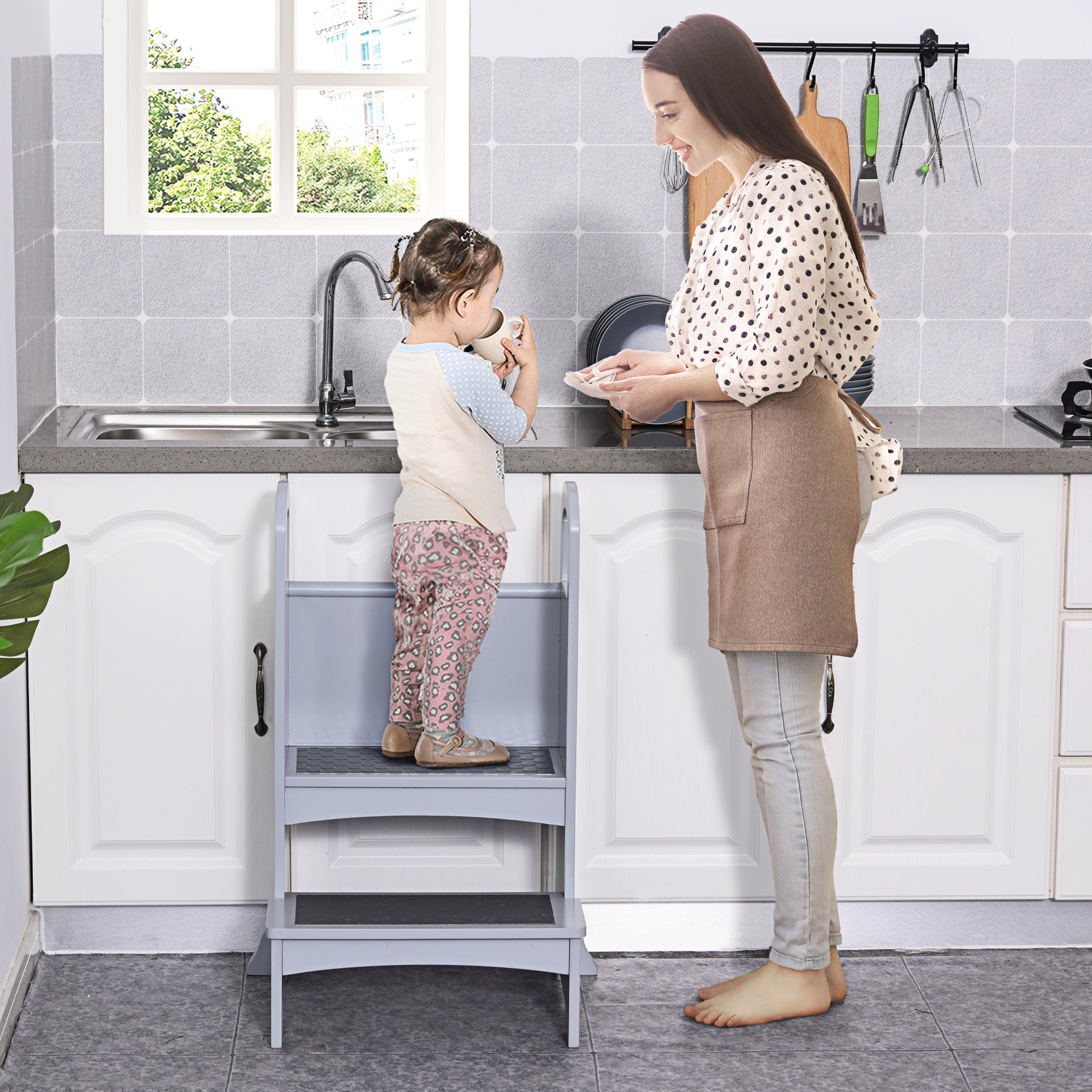 HOMCOM Kitchen Helper for Children Step Stool,Hardwood Stepping Stool Learning Tower for Kids and Toddlers, Footstool, Grey