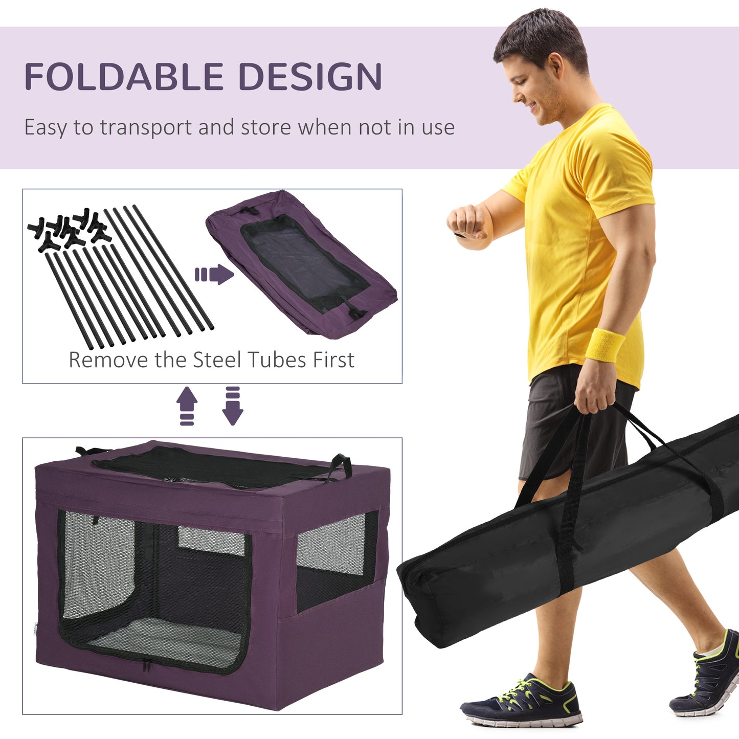 Cat Carrier, Dog Carrier, Dog Travel Crate, Folding Fabric Soft 90Lx63Wx63Hcm-Purple