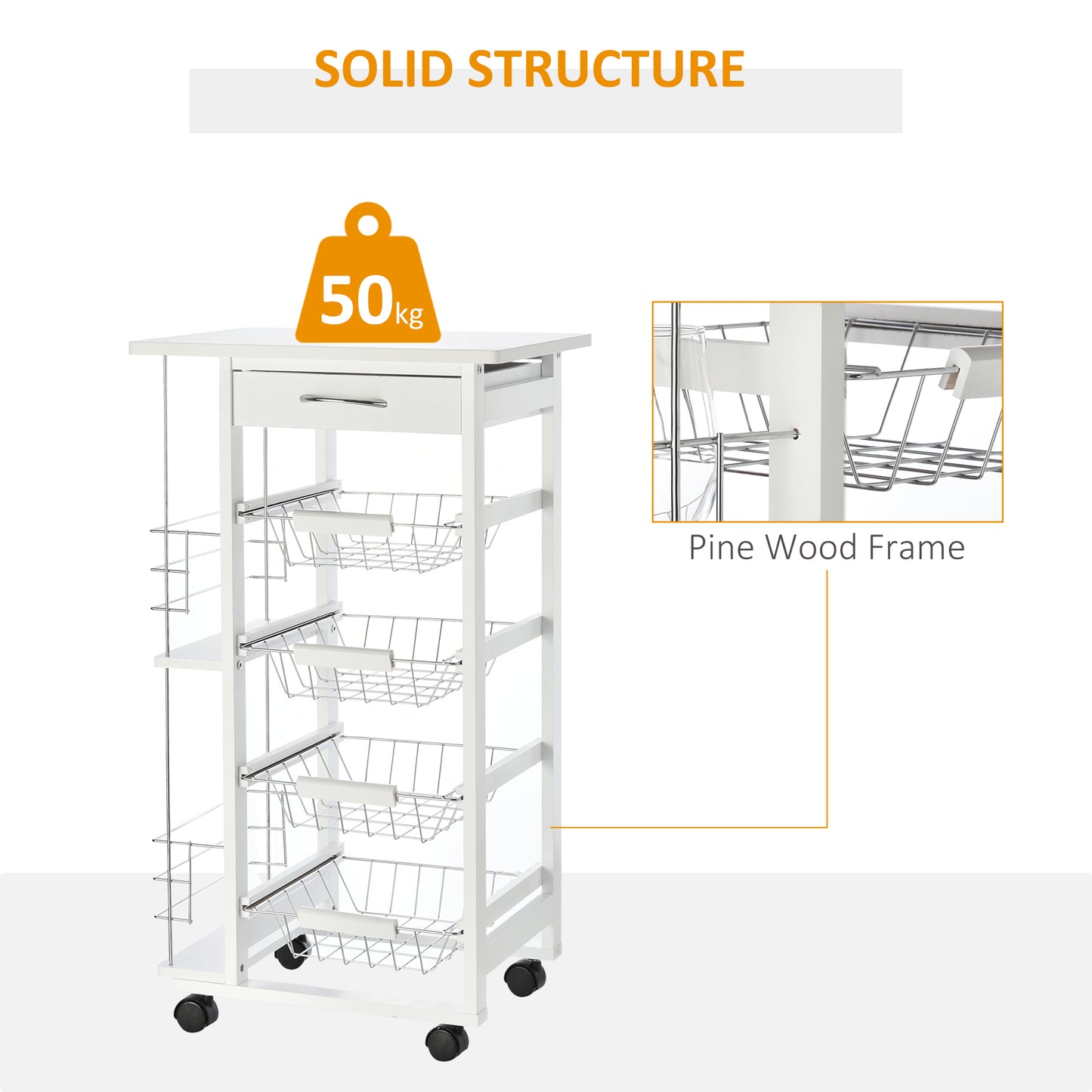 Multi-Use Kitchen Island Trolley w/4 Baskets 2 Side Racks Drawer Worktop 4 Wheels Worktop Food Storage White