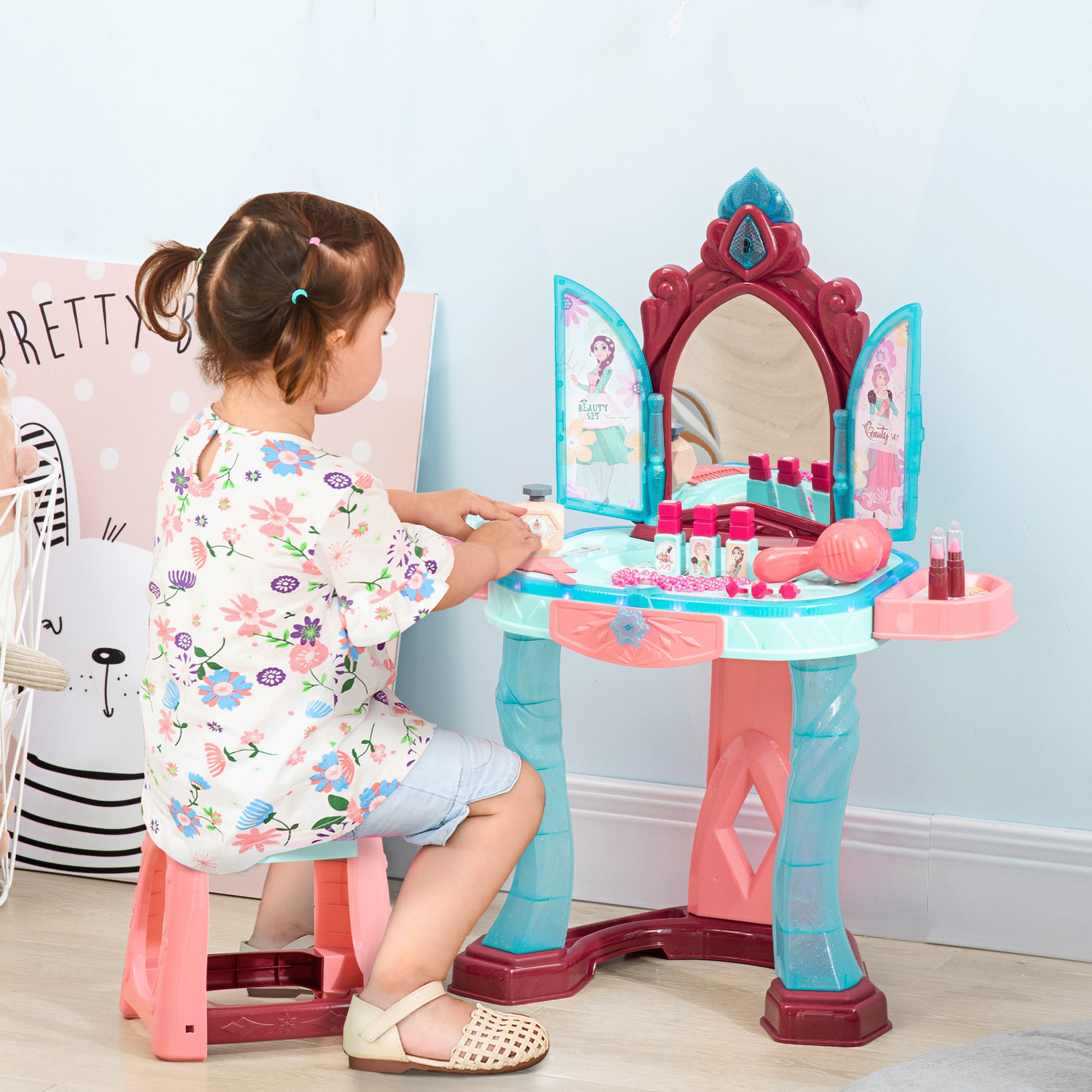 HOMCOM Childrens Vanity Table with Lights, Kids Furniture Vanity & Stool Dressing Table, Blue+Pink 