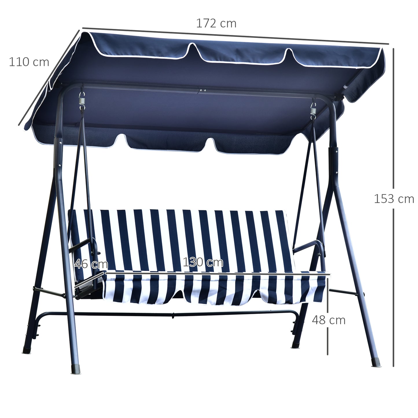 3 Seater Canopy Swing Chair Heavy Duty Outdoor Garden Bench with Sun Cover Metal Frame - Blue & White 3-Seater