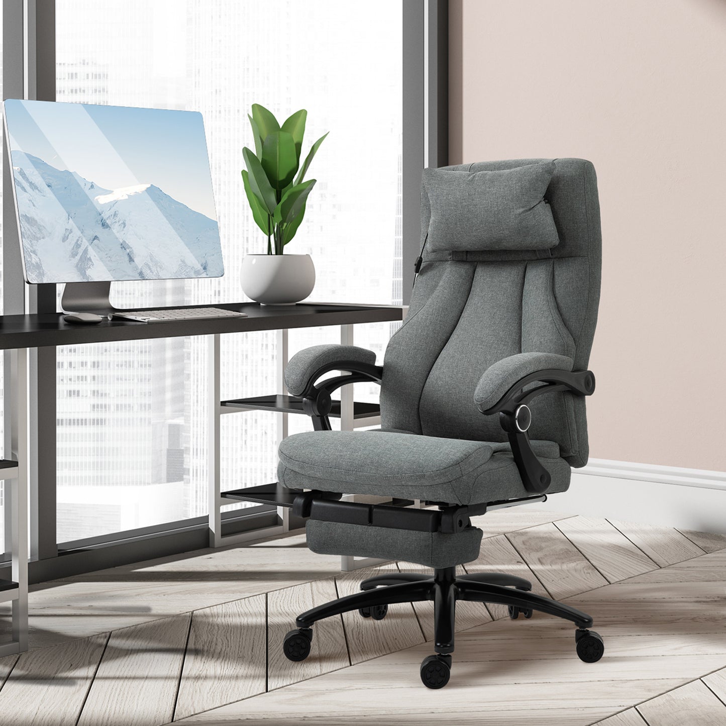 Vinsetto Office Chair with Footrest, Two-Point Massage Pillow, 130° Reclining, Linen, Adjustable Height, Grey 