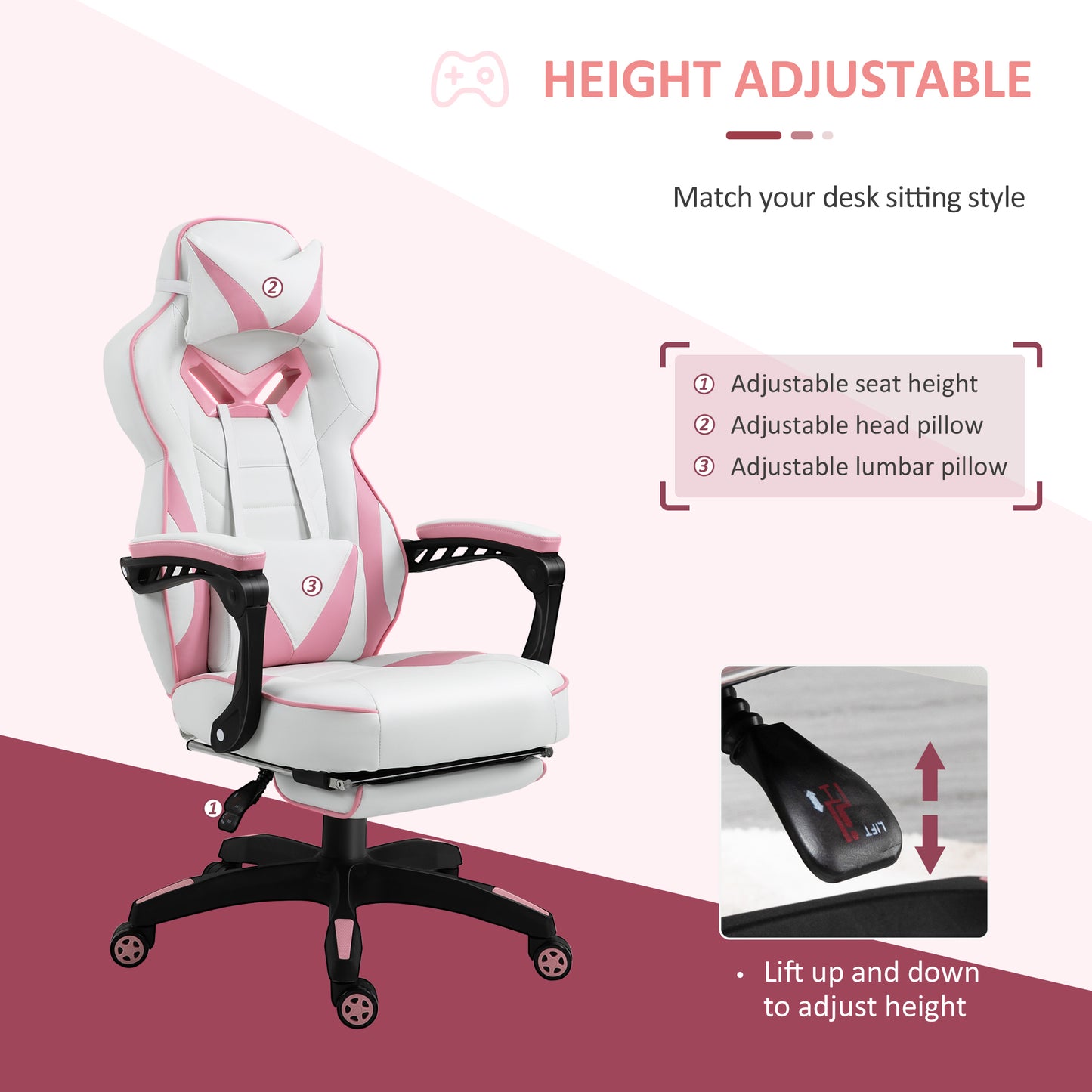 Pink Gaming Chair with Footrest, Office Desk Chair Adjustable Height Recliner w/Wheels, Headrest, Lumbar Support