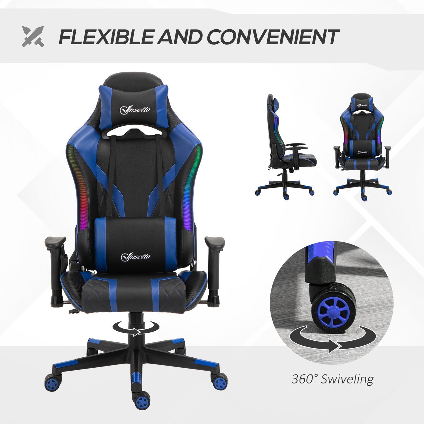 Gaming Chair with Led Lights, Lumbar Support, Swivel Home Office Computer Recliner High Back Gamer Desk Chair, Black Blue