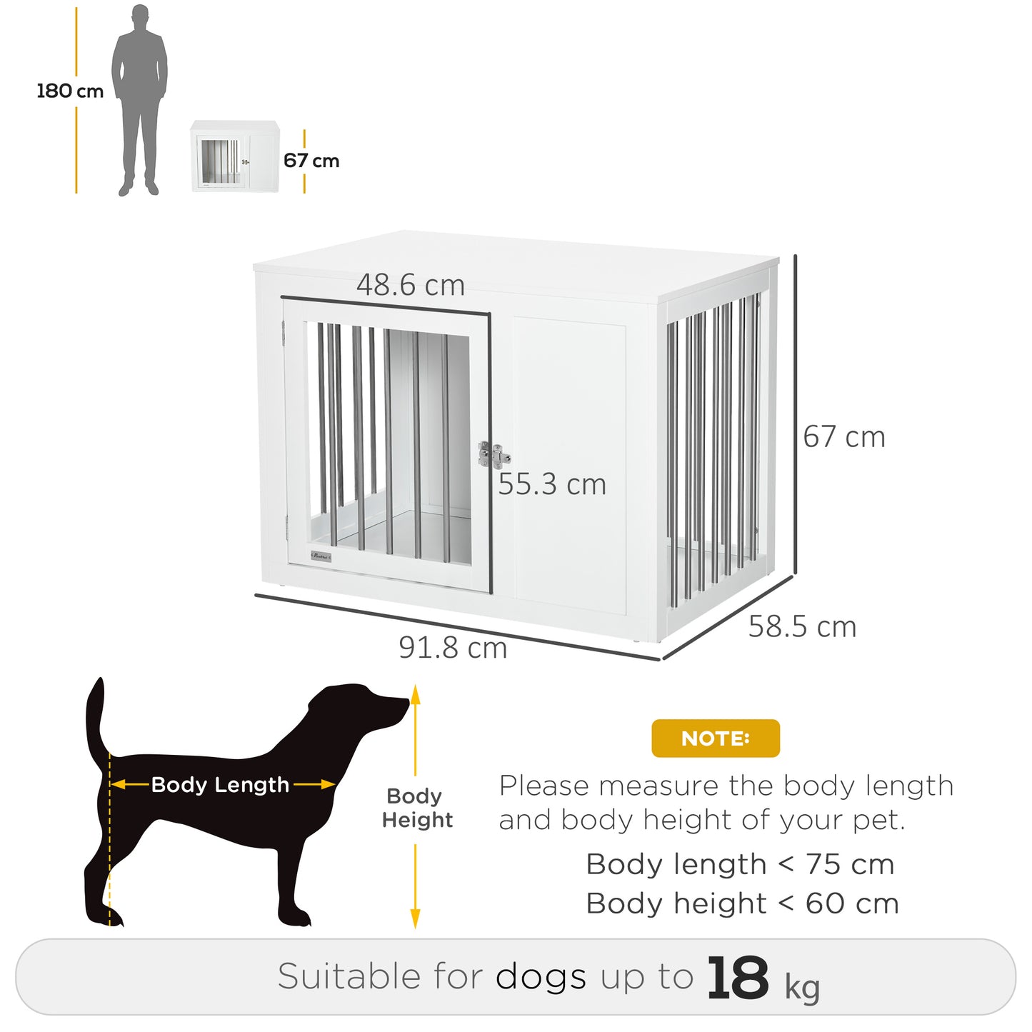 Wooden Dog Cage, with Two Lockable Doors, for Medium Dogs - White