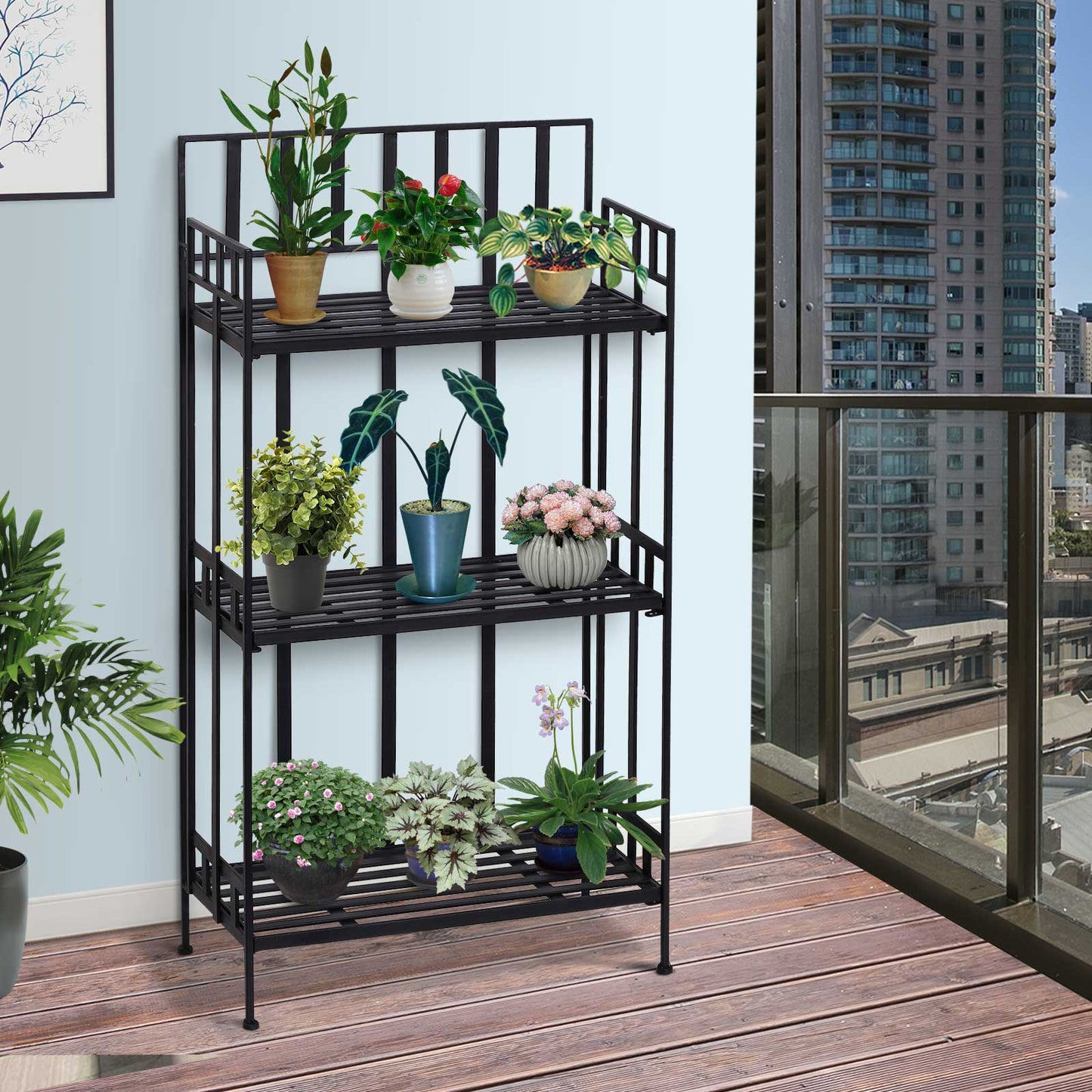 Outsunny Portable Retro 3-Tier Garden Plant Stand Metal Flower Display Rack Bookshelf 