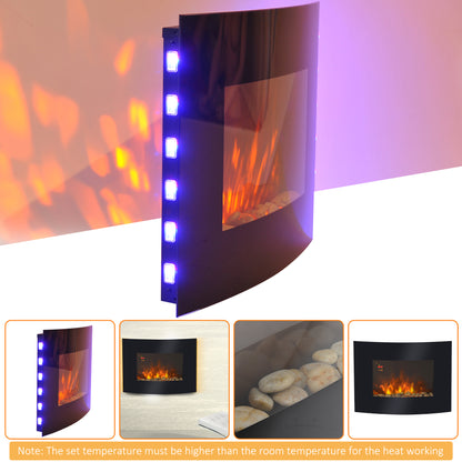 LED Curved Glass Electric Fireplace Heater Wall Mounted Fire Place, 900/1800W