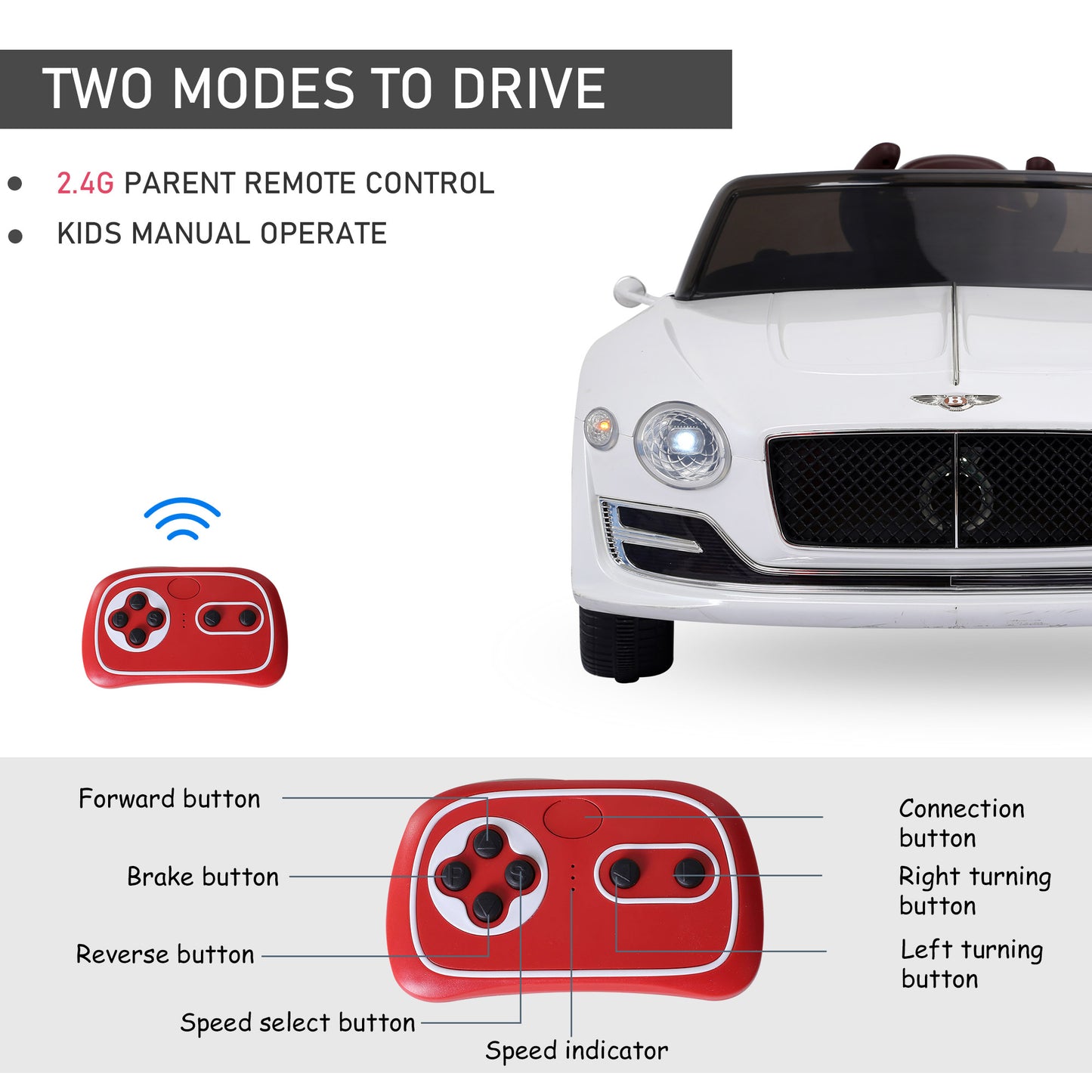 Kids Electric Ride on Car Bentley Licensed 12V Children Twin Motors with Lights Music Parental Remote Control-White  Aosom IE