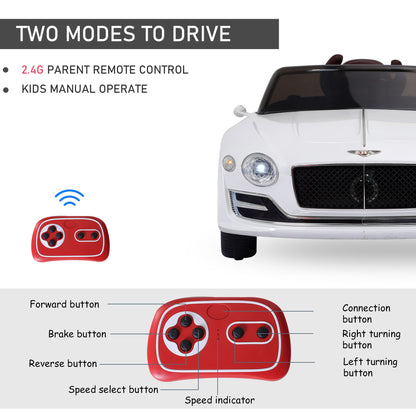 Kids Electric Ride on Car Bentley Licensed 12V Children Twin Motors with Lights Music Parental Remote Control-White  Aosom IE