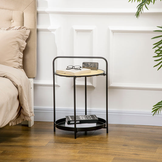 HOMCOM Round End Table with Detachable Tray and Plastic Rattan Shelf, End Table with Steel Frame, Black 