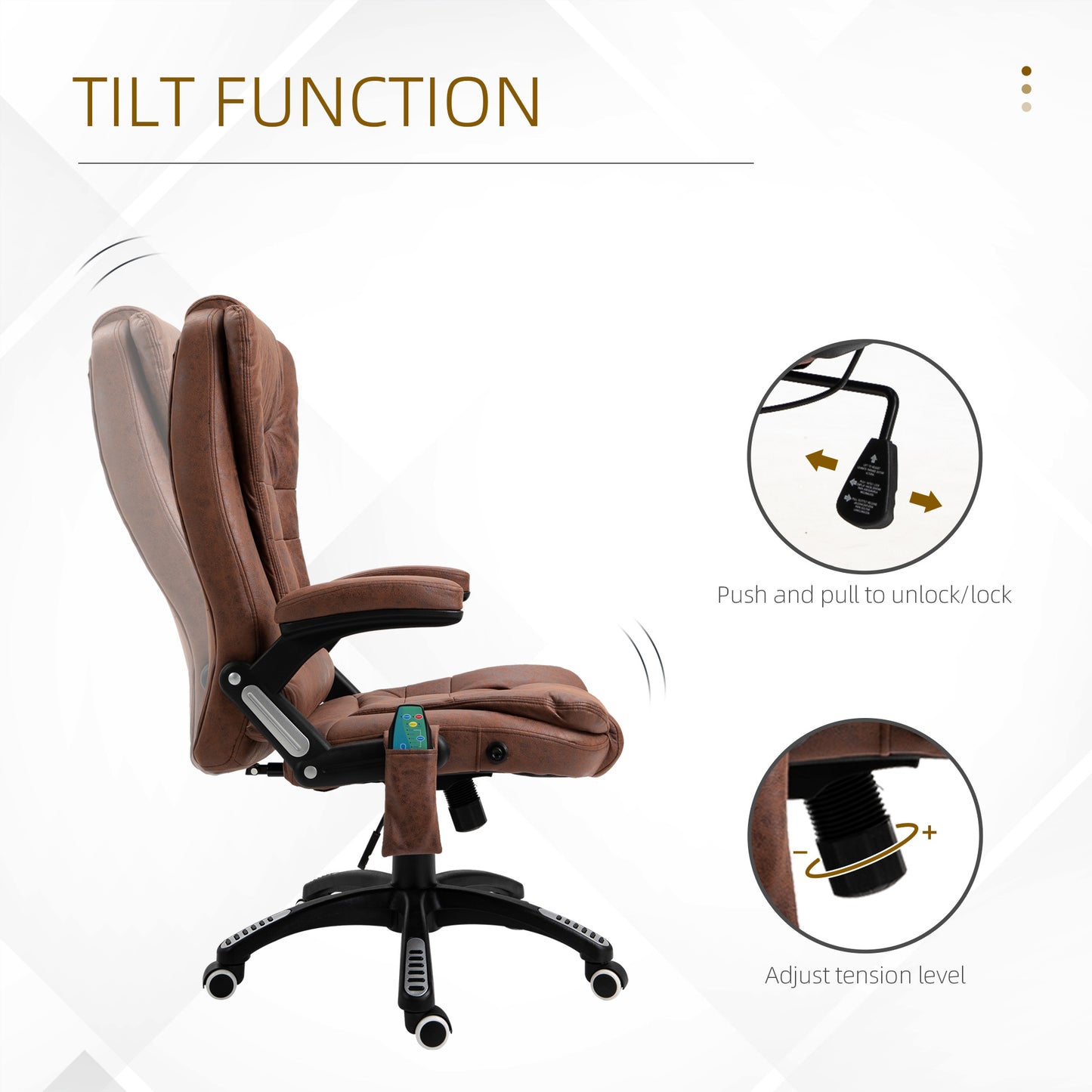 Executive Office Chair, Massage, Microfiber, 130° Reclining, 360° Swivel, Heating, Tilt, Brown