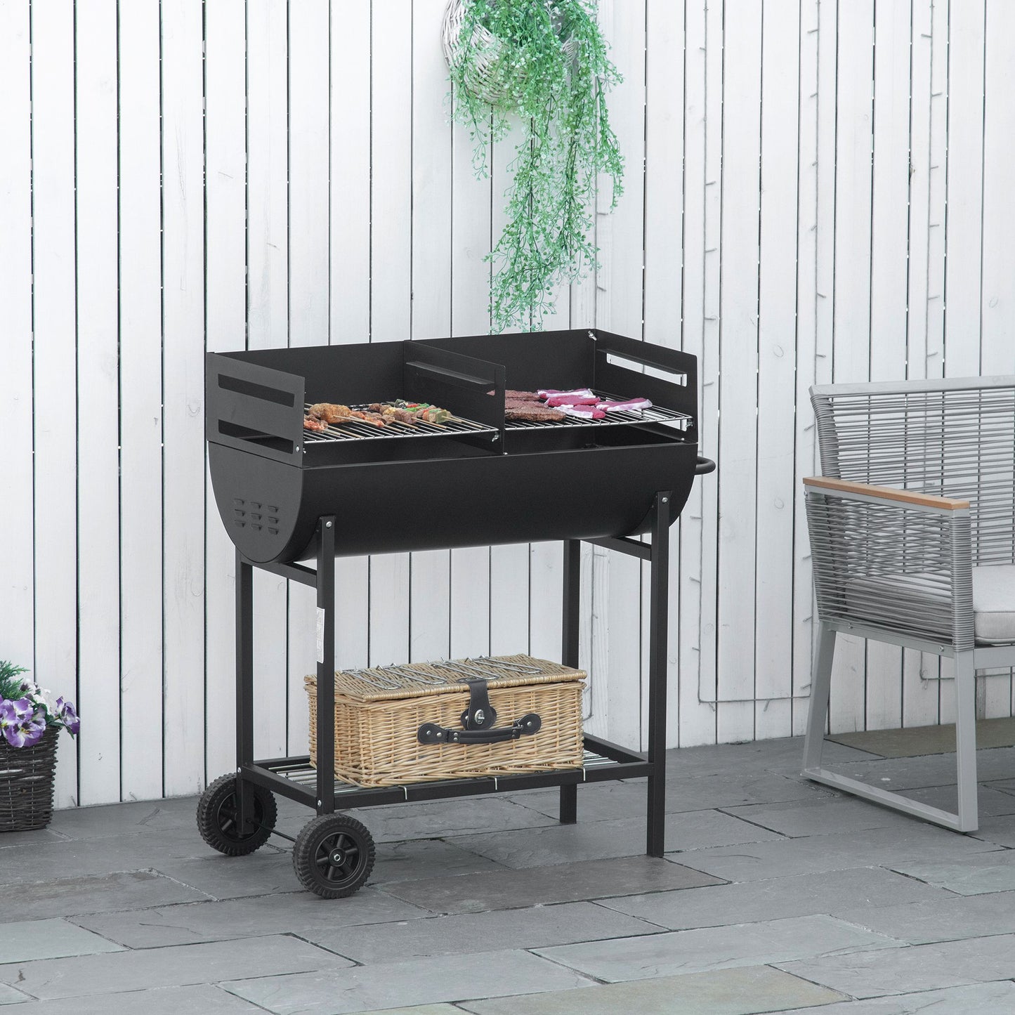 Outsunny Steel 2-Grill Charcoal BBQ w/ Wheels Black