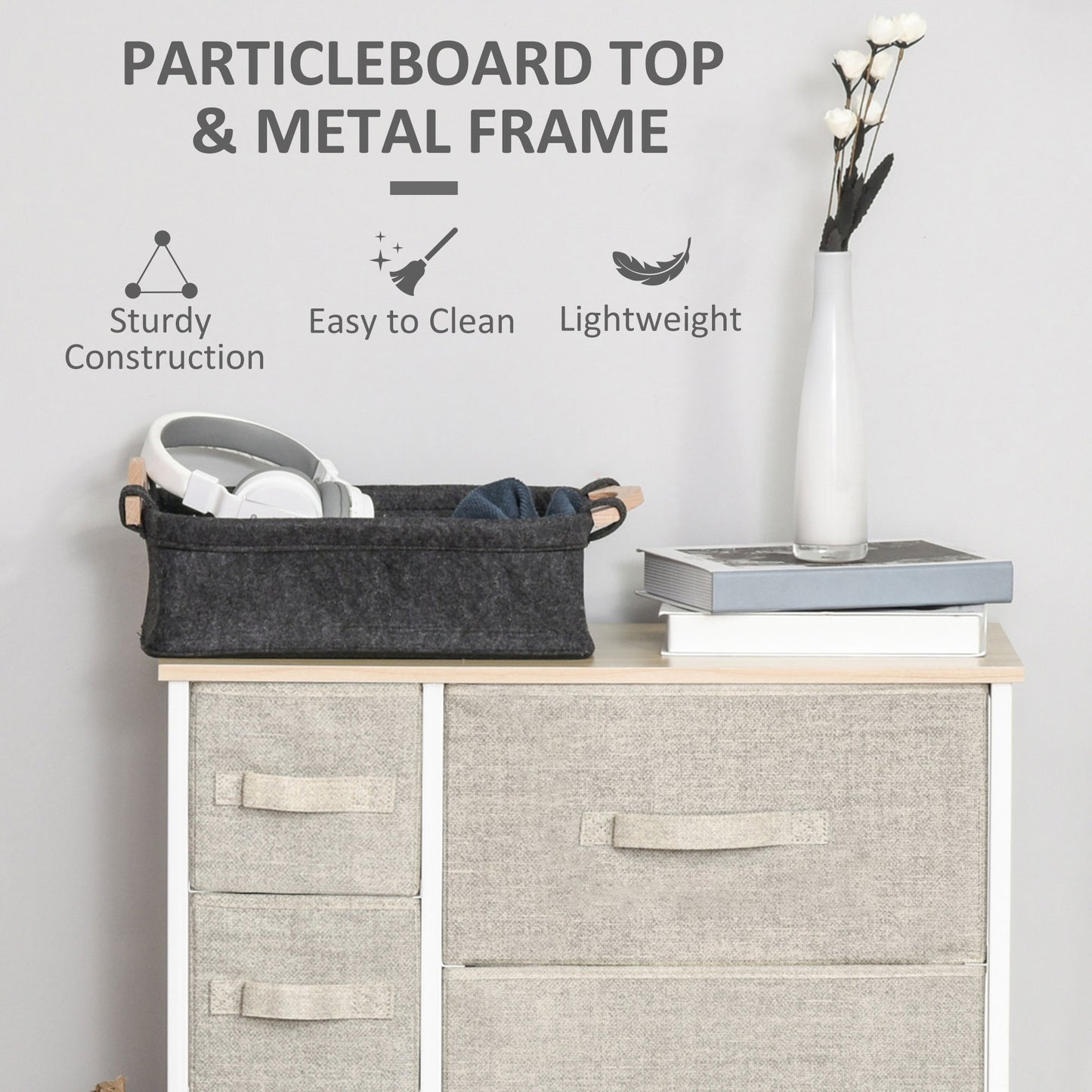 7 Drawer Chest, Fabric Drawers, w/Metal Frame Adjustable Feet White Oak &Light Grey