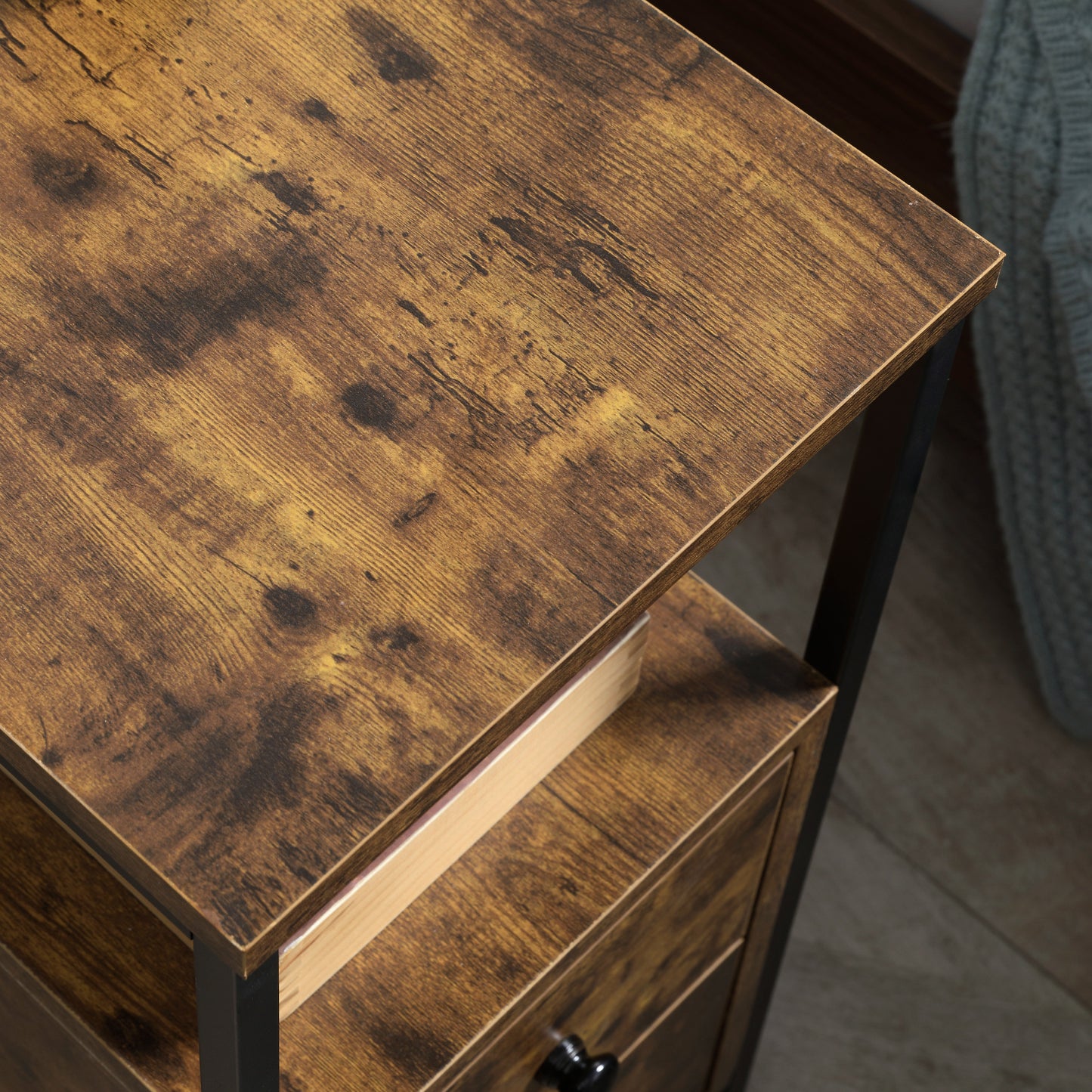 Side Table with 2 Drawers and Storage Shelf, Narrow End Table Bedside Table with Metal Frame for Small Spaces, Rustic Brown