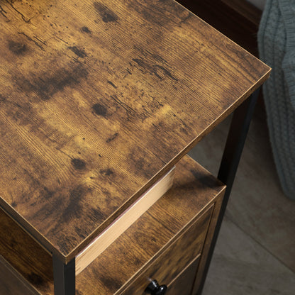 Side Table with 2 Drawers and Storage Shelf, Narrow End Table Bedside Table with Metal Frame for Small Spaces, Rustic Brown