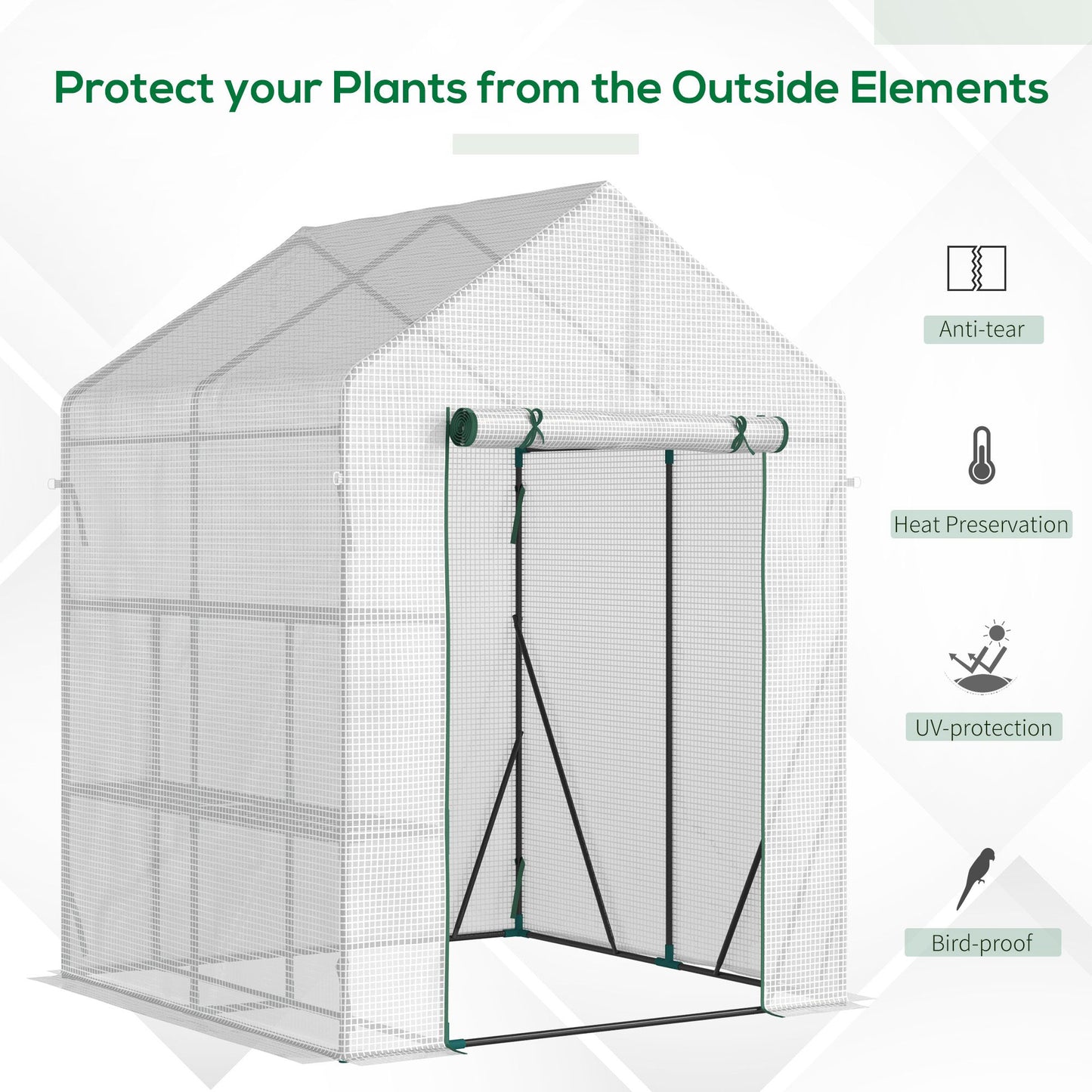 Greenhouse for Outdoor Portable Gardening Plant Grow House w/ 2 Tier Shelf Roll-Up Zippered Door PE Cover 143 x 143 x 195cm