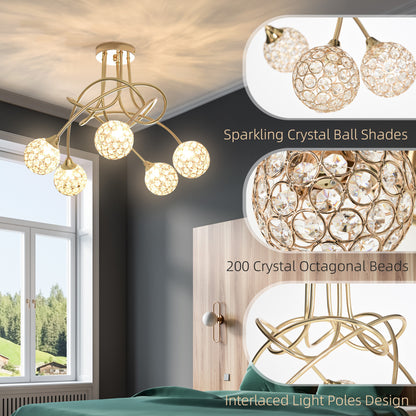 Crystal Chandelier Modern Pendant Light for Living Room with 5 Ball Lampshades 5 G9 Bulbs Required Gold Tone