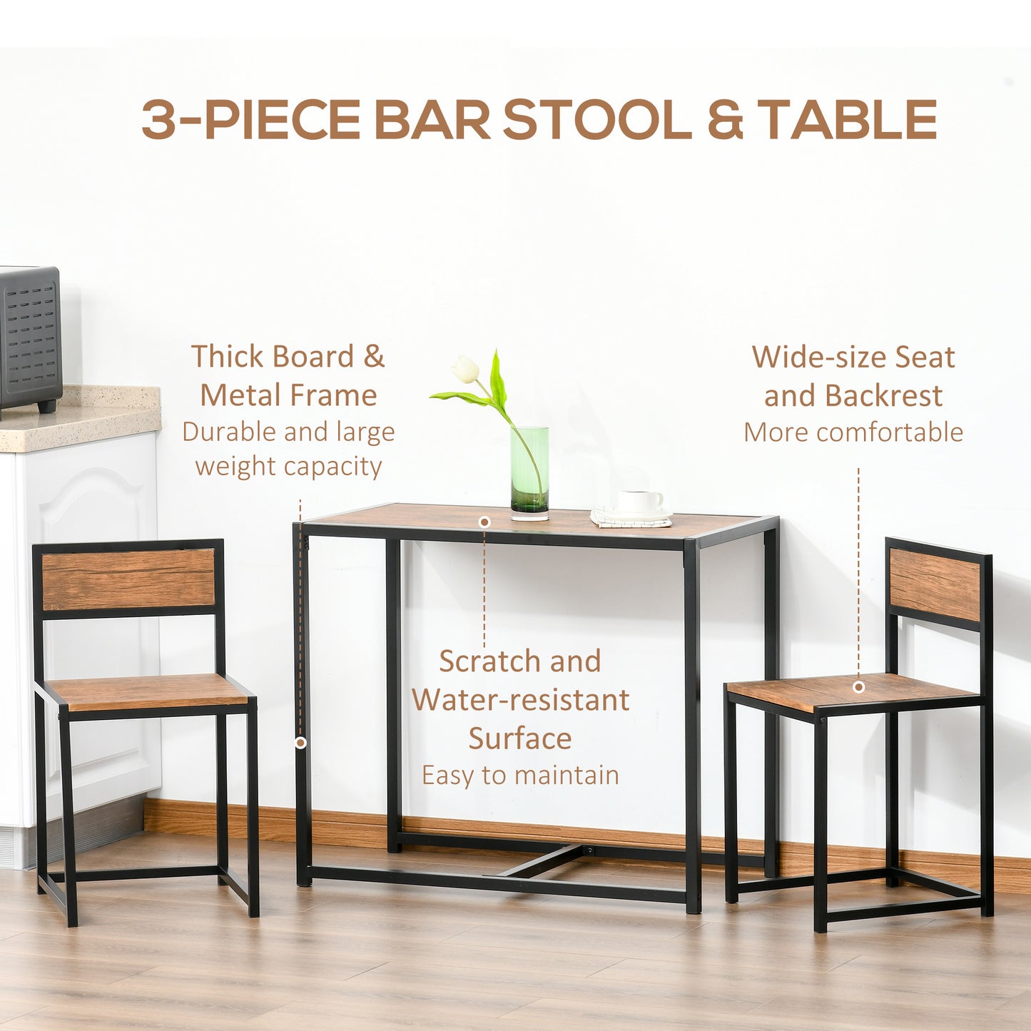 Steel Frame MDF 2-Seater Bar Stool and Table Set Wood Tone