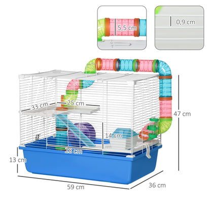 Plastic Hamster Cage, with Tubes Tunnel Three-Level Rodent House with Exercise Wheel, Water Bottle, 59 x 36 x 47 cm- Blue