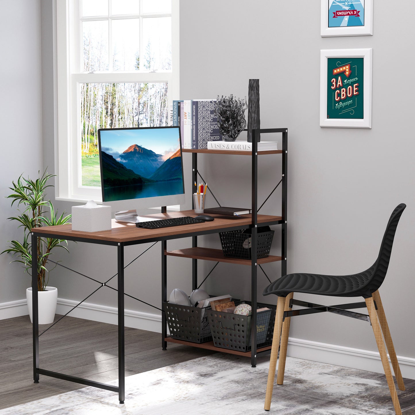 HOMCOM Computer Workstation, Metal Frame-Walnut/ Black   