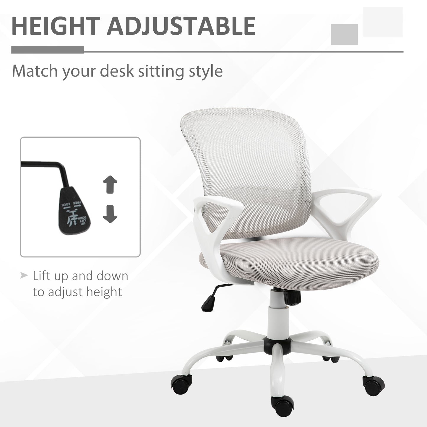 Mesh Study Chair, with Lumbar Back Support Adjustable Height Armrests Grey