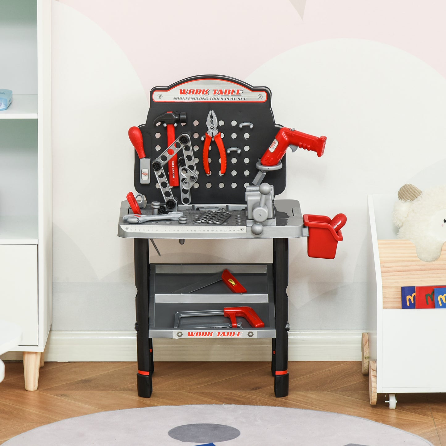 Tool Bench, Toy Workbench, Toddler Tools Workshop w/ Shelf Storage Box, Electric Drill 3-6 Years Old