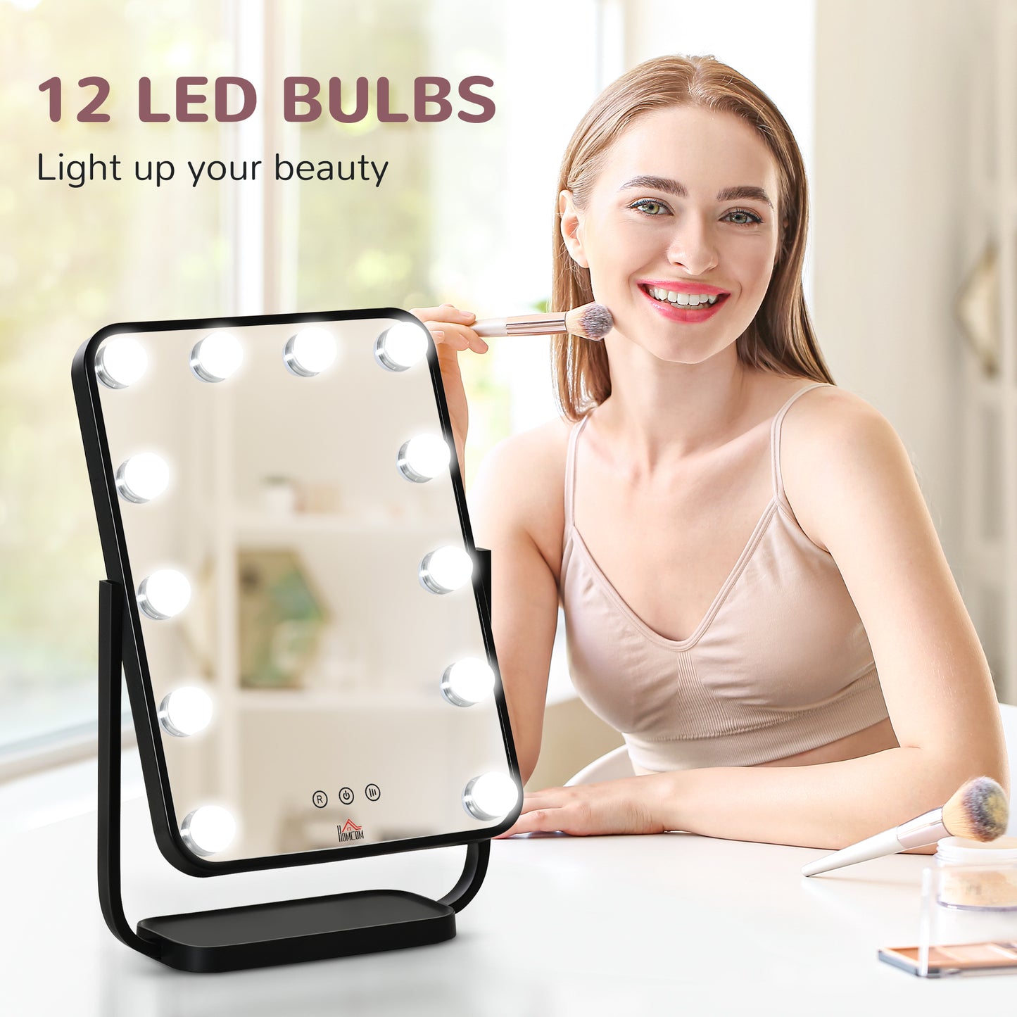 Vanity Table Mirror with Lights, Hollywood Makeup Mirror, with 12 Dimmable LED Bulbs, Memory Function Black