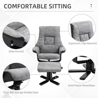 Grey Recliner Chairs, with Footstool, 360° Swivel Sofa Armchair Cushion Padded Seat Armrest Faux Leather