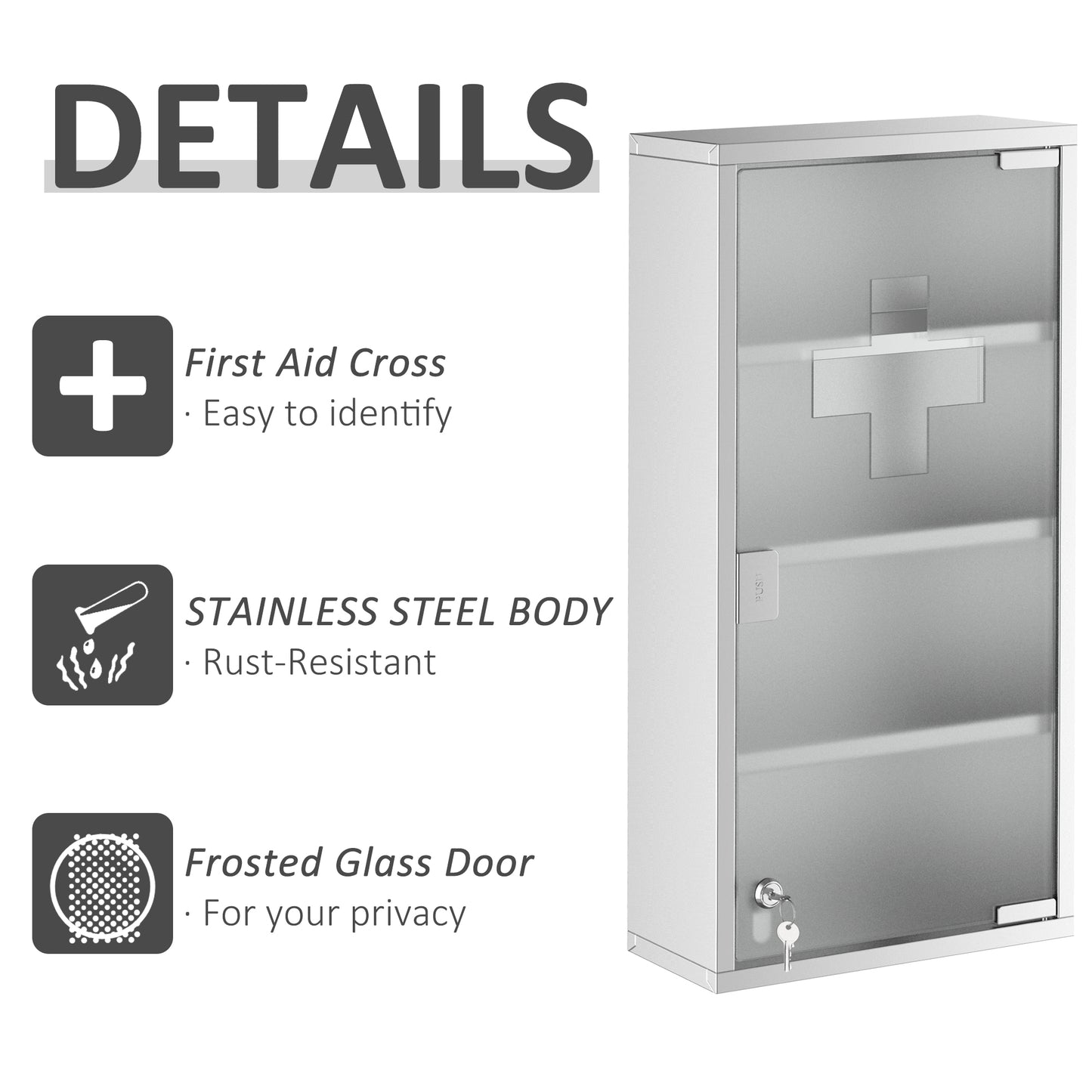 Medicine Cabinet, First Aid Cabinet, Lockable, Aluminium Body, for Bathroom, Wall Mounted, 60H X 30W X 12D cm Steel Silver