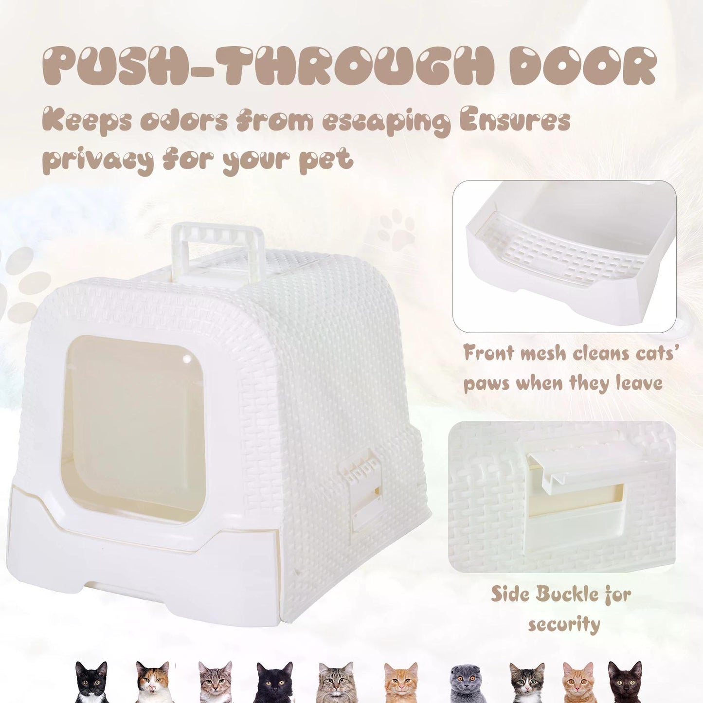 Cat Toilet, Kitty Litter Box, with Removable Tray, Fully Enclosed Design, Carry Handle White