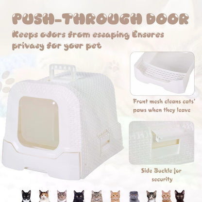 Cat Toilet, Kitty Litter Box, with Removable Tray, Fully Enclosed Design, Carry Handle White