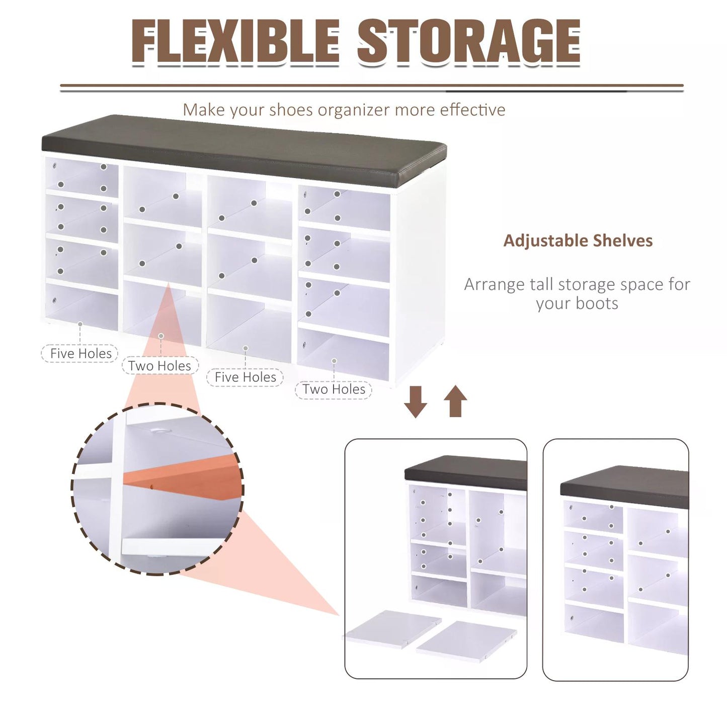 PU Leather 14-Compartment Shoe Storage Bench Brown/White